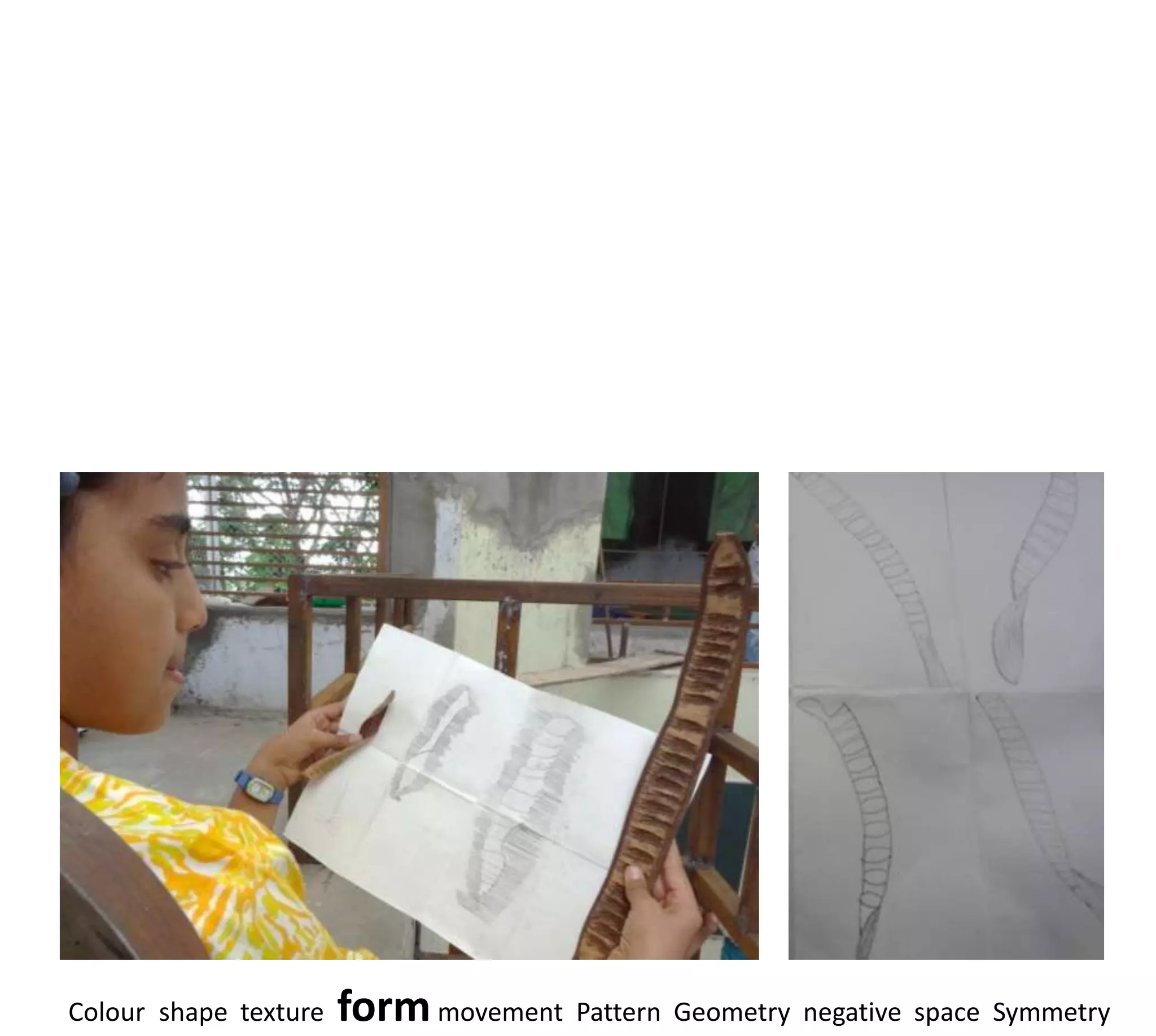 Colour shape texture   form movement Pattern Geometry negative space Symmetry
 