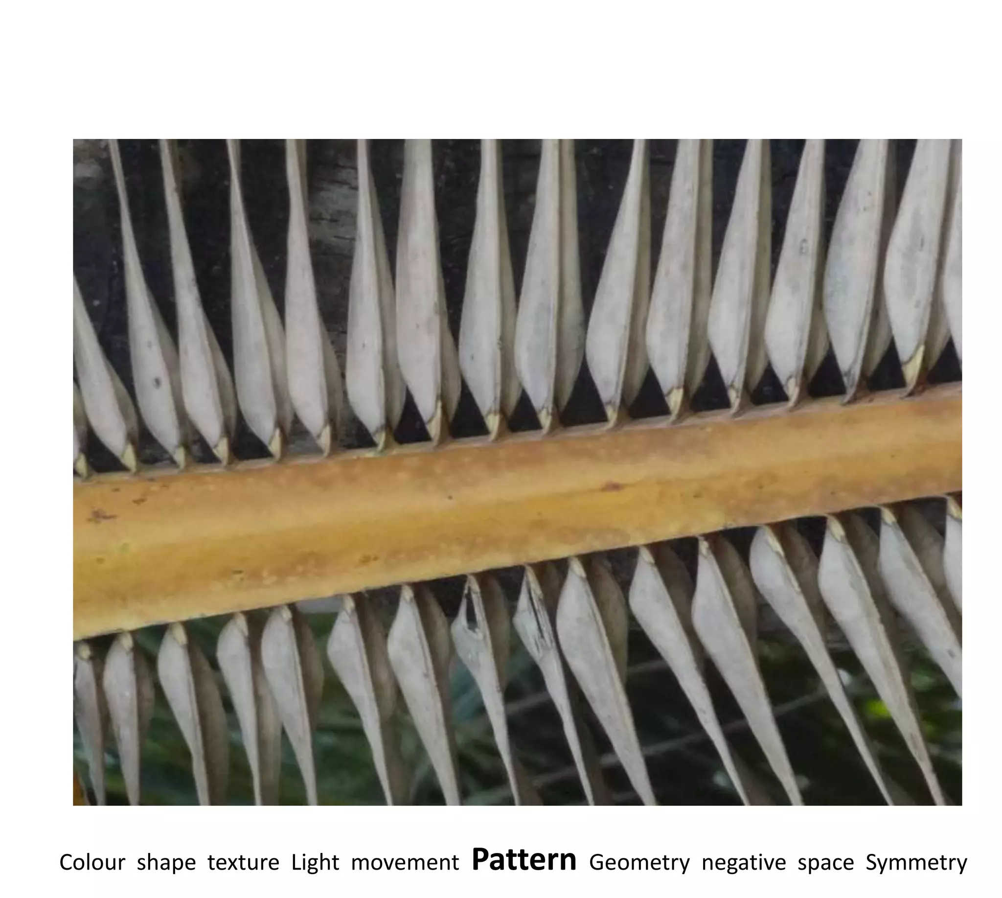 Colour shape texture Light movement   Pattern   Geometry negative space Symmetry
 