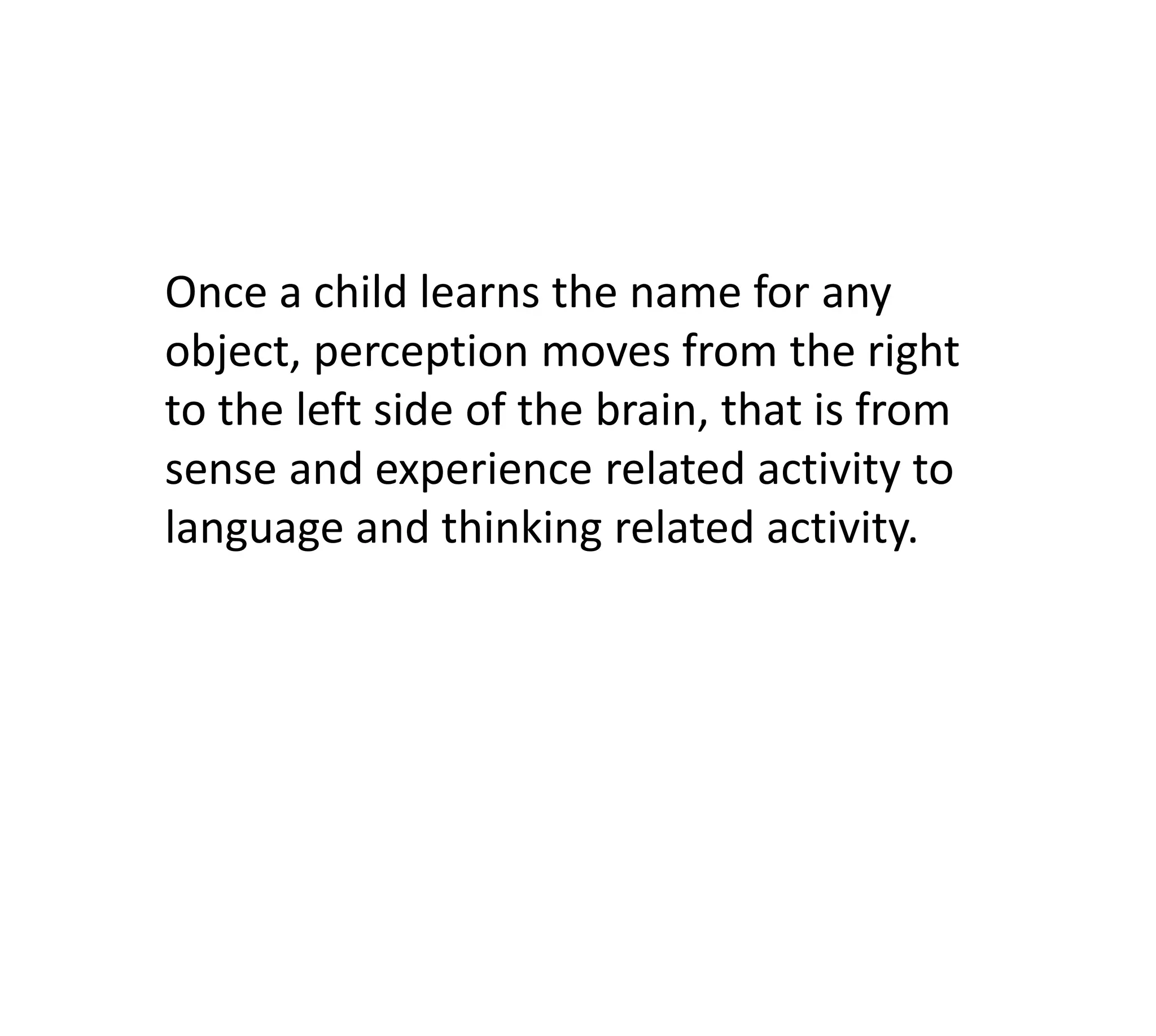 Once a child learns the name for any
object, perception moves from the right
to the left side of the brain, that is from
sense and experience related activity to
language and thinking related activity.
 
