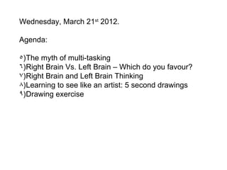 Wednesday, March 21st 2012.

Agenda:

5)The myth of multi-tasking
6)Right Brain Vs. Left Brain – Which do you favour?
7)Right Brain and Left Brain Thinking
8)Learning to see like an artist: 5 second drawings
9)Drawing exercise
 