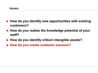 Issues.
How do you identify new opportunities with existing
customers?
How do you realise the knowledge potential of your
...