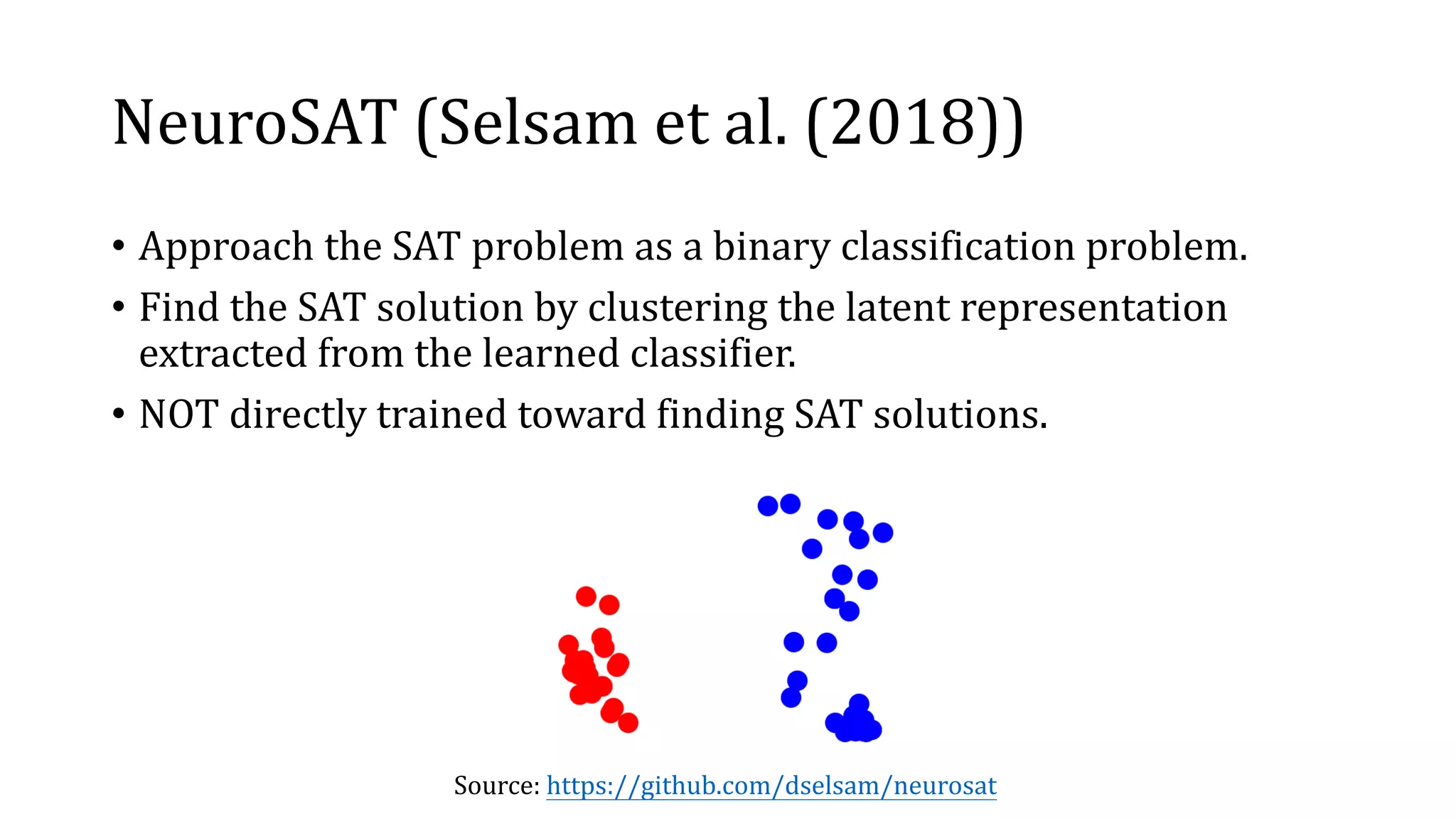 NeuroSAT (Selsam et al. (2018))
• Approach the SAT problem as a binary classification problem.
• Find the SAT solution by clustering the latent representation
extracted from the learned classifier.
• NOT directly trained toward finding SAT solutions.
Source: https://github.com/dselsam/neurosat
 