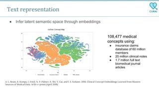 Text representation
● Infer latent semantic space through embeddings
A. L. Beam, B. Kompa, I. Fried, N. P. Palmer, X. Shi, T. Cai, and I. S. Kohane. 2018. Clinical Concept Embeddings Learned from Massive
Sources of Medical Data. ArXiv e-prints (April 2018).
108,477 medical
concepts using:
● insurance claims
database of 60 million
members
● 20 million clinical notes
● 1.7 million full text
biomedical journal
articles
 