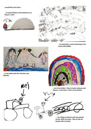 I	
  would	
  like	
  more	
  time...
...to	
  swimming.	
  I	
  want	
  swimming	
  in	
  the	
  
ocean	
  with	
  daddy.
...to	
  watch	
  ﬂowers	
  and	
  rainbows	
  for	
  as	
  
long	
  as	
  I	
  want.
...to	
  do	
  ballet	
  with	
  Ms.	
  Chris5ne	
  and	
  
Nanako.
...be	
  in	
  the	
  Atelier.	
  I	
  like	
  to	
  make	
  rainbows	
  and	
  
ﬂowers.	
  I	
  love	
  them.	
  I	
  like	
  it	
  in	
  the	
  Atelier.
....	
  for	
  riding	
  my	
  bicycle	
  with	
  two	
  wheels	
  
so	
  fast.	
  With	
  my	
  sister.	
  I	
  like	
  to	
  ride	
  my	
  
bicycle	
  with	
  my	
  sister.
 
