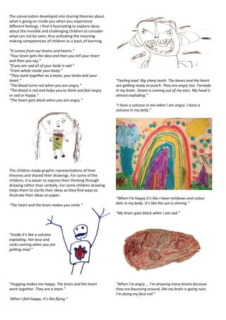 The	
  conversa<on	
  developed	
  into	
  sharing	
  theories	
  about	
  
what	
  is	
  going	
  on	
  inside	
  you	
  when	
  you	
  experience	
  
diﬀerent	
  feelings.	
  I	
  ﬁnd	
  it	
  fascina<ng	
  to	
  explore	
  ideas	
  
about	
  the	
  invisible	
  and	
  challenging	
  children	
  to	
  consider	
  
what	
  can	
  not	
  be	
  seen,	
  thus	
  ac<va<ng	
  the	
  meaning-­‐
making	
  competencies	
  of	
  children	
  as	
  a	
  basis	
  of	
  learning.	
  
“It	
  comes	
  from	
  our	
  brains	
  and	
  hearts.”
“Your	
  brain	
  gets	
  the	
  idea	
  and	
  then	
  you	
  tell	
  your	
  heart	
  
and	
  then	
  you	
  say.”
“If	
  you	
  are	
  sad	
  all	
  of	
  your	
  body	
  is	
  sad.”
“From	
  whole	
  inside	
  your	
  body.”
“They	
  work	
  together	
  as	
  a	
  team,	
  your	
  brain	
  and	
  your	
  
heart.”
“The	
  blood	
  turns	
  red	
  when	
  you	
  are	
  angry.”
“The	
  blood	
  is	
  red	
  and	
  helps	
  you	
  to	
  think	
  and	
  feel	
  angry	
  
or	
  sad	
  or	
  happy.”
“The	
  heart	
  gets	
  black	
  when	
  you	
  are	
  angry.”
The	
  children	
  made	
  graphic	
  representa<ons	
  of	
  their	
  
theories	
  and	
  shared	
  their	
  drawings.	
  For	
  some	
  of	
  the	
  
children,	
  it	
  is	
  easier	
  to	
  express	
  their	
  thinking	
  through	
  
drawing	
  rather	
  than	
  verbally.	
  For	
  some	
  children	
  drawing	
  
helps	
  them	
  to	
  clarify	
  their	
  ideas	
  as	
  they	
  ﬁnd	
  ways	
  to	
  
illustrate	
  their	
  ideas	
  on	
  paper.
“The	
  heart	
  and	
  the	
  brain	
  makes	
  you	
  smile.”
“Inside	
  it’s	
  like	
  a	
  volcano	
  
exploding.	
  Hot	
  lava	
  and	
  
rocks	
  coming	
  when	
  you	
  are	
  
geKng	
  mad.”
“Hugging	
  makes	
  me	
  happy.	
  The	
  brain	
  and	
  the	
  heart	
  
work	
  together.	
  They	
  are	
  a	
  team.”
‘When	
  I	
  feel	
  happy,	
  it’s	
  like	
  ﬂying.”
“Feeling	
  mad.	
  Big	
  sharp	
  teeth.	
  The	
  bones	
  and	
  the	
  heart	
  
are	
  geKng	
  ready	
  to	
  punch.	
  They	
  are	
  angry	
  too.	
  Tornado	
  
in	
  my	
  brain.	
  Steam	
  is	
  coming	
  out	
  of	
  my	
  ears.	
  My	
  head	
  is	
  
almost	
  exploding.”
“I	
  have	
  a	
  volcano	
  in	
  me	
  when	
  I	
  am	
  angry.	
  I	
  have	
  a	
  
volcano	
  in	
  my	
  belly.”
“When	
  I’m	
  happy	
  it’s	
  like	
  I	
  have	
  rainbows	
  and	
  colour	
  
dots	
  in	
  my	
  body.	
  It’s	
  like	
  the	
  sun	
  is	
  shining.”
“My	
  brain	
  goes	
  black	
  when	
  I	
  am	
  sad.”
“When	
  I’m	
  angry	
  ...	
  I’m	
  drawing	
  many	
  brains	
  because	
  
they	
  are	
  bouncing	
  around,	
  like	
  my	
  brain	
  is	
  going	
  nuts.	
  
I’m	
  doing	
  my	
  face	
  red.”
 