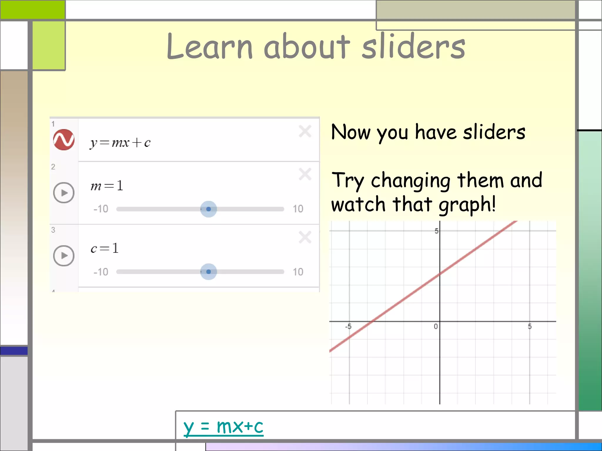 Learn about sliders
y = mx+c
Now you have sliders
Try changing them and
watch that graph!
 