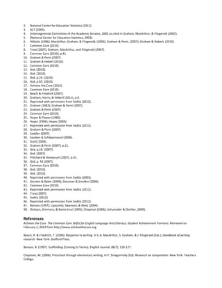 2. National Center for Education Statistics (2012).
3. ACT (2005).
4. (Intersegmental Committee of the Academic Senates, 2002 as cited in Graham, MacArthur, & Fitzgerald (2007).
5. (National Center for Education Statistics, 2003).
6. Hillocks (1986); MacArthur, Graham, & Fitzgerald, (2006); Graham & Perin, (2007); Graham & Hebert, (2010).
7. Common Core (2010).
8. Troia (2007); Graham, MacArthur, and Fitzgerald (2007).
9. Common Core (2010), p.41.
10. Graham & Perin (2007).
11. Graham & Hebert (2010).
12. Common Core (2010).
13. Ibid. (2010).
14. Ibid. (2010).
15. Ibid, p.24. (2010).
16. Ibid, p.65. (2010).
17. Achieve the Core (2013).
18. Common Core (2010).
19. Beach & Friedrich (2007).
20. Graham, Harris, & Hebert (2011), p.6.
21. Reprinted with permission from Sedita (2012).
22. Graham (1982); Graham & Perin (2007).
23. Graham & Perin (2007).
24. Common Core (2010).
25. Hayes & Flower (1980).
26. Hayes (1996); Hayes (2004).
27. Reprinted with permission from Sedita (2012).
28. Graham & Perin (2007).
29. Saddler (2007).
30. Sanders & Schilpernoord (2006).
31. Scott (2004).
32. Graham & Perin (2007), p.21.
33. Ibid, p.18. (2007).
34. Ibid. (2007).
35. Pritchard & Honeycutt (2007), p.41.
36. Ibid, p. 43 (2007).
37. Common Core (2010).
38. Ibid. (2010).
39. Ibid. (2010).
40. Reprinted with permission from Sedita (2003).
41. Gersten & Baker (1999); Donovan & Smolkin (2006).
42. Common Core (2010)
43. Reprinted with permission from Sedita (2012).
44. Troia (2007).
45. Sedita (2012)
46. Reprinted with permission from Sedita (2012).
47. Benson (1997); Lipscomb, Swanson, & West (2004).
48. Dickson, Simmons, & Kame’enui (1995); Chapman (2006); Schumaker & Deshler, 2009).
References
Achieve the Core. The Common Core Shifts for English Language Arts/Literacy. Student Achievement Partners. Retrieved on
February 1, 2013 from http://www.achievethecore.org
Beach, R. & Friedrich, T. (2006). Response to writing. In C.A. MacArthur, S. Graham, & J. Fitzgerald (Eds.), Handbook of writing
research. New York: Guilford Press.
Benson, B. (1997). Scaffolding (Coming to Terms). English Journal, 86(7), 126-127.
Chapman, M. (2006). Preschool through elementary writing. In P. Smagorinsky (Ed). Research on composition. New York: Teachers
College.
 