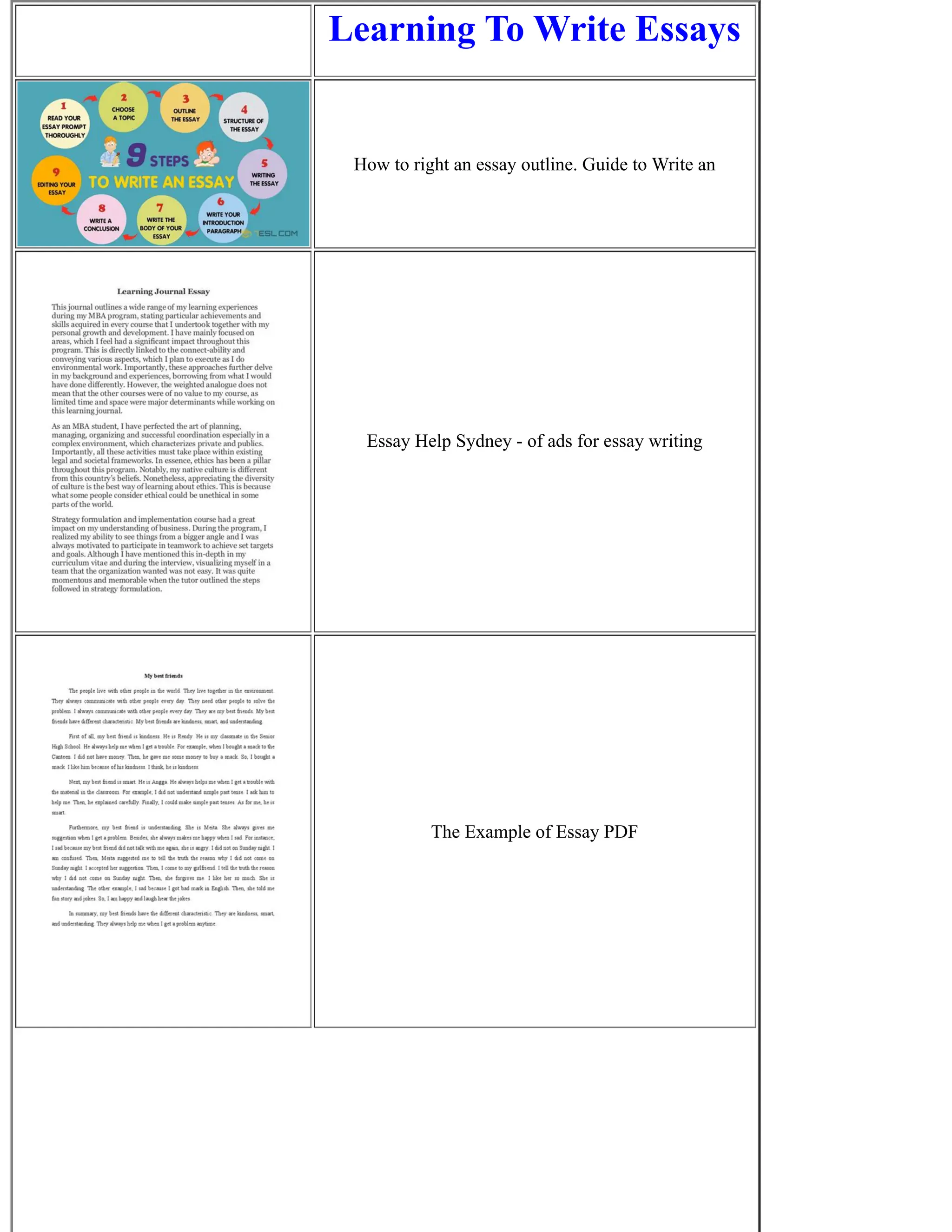 Learning To Write Essays
How to right an essay outline. Guide to Write an
Essay Help Sydney - of ads for essay writing
The Example of Essay PDF