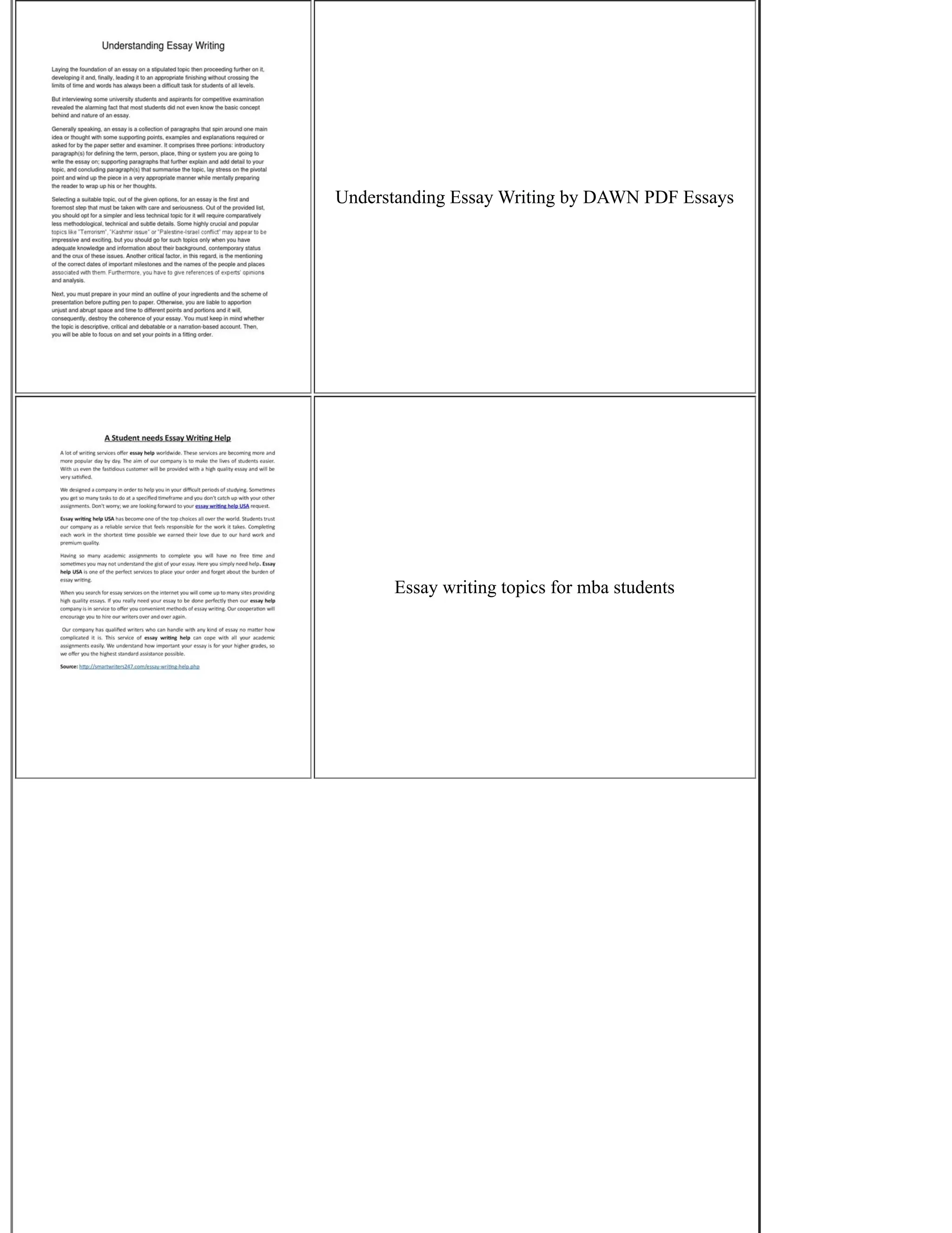 Understanding Essay Writing by DAWN PDF Essays
Essay writing topics for mba students