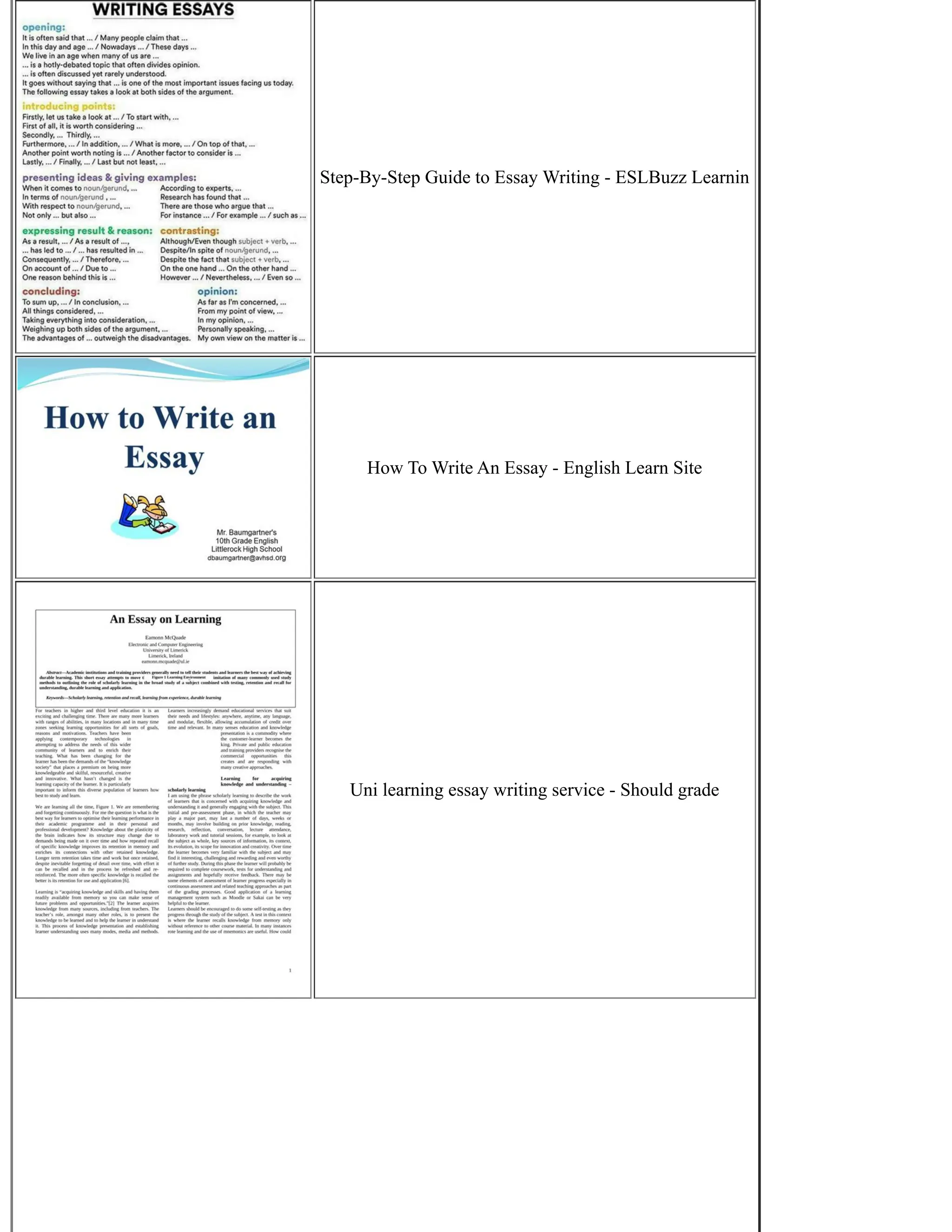 Step-By-Step Guide to Essay Writing - ESLBuzz Learnin
How To Write An Essay - English Learn Site
Uni learning essay writing service - Should grade