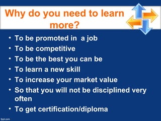 Why do you need to learn
more?
• To be promoted in a job
• To be competitive
• To be the best you can be
• To learn a new skill
• To increase your market value
• So that you will not be disciplined very
often
• To get certification/diploma
 