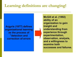 Learning definitions are changing!

                          McGill et al. (1992)
                          ability of an
                          organization to gain
Argyris (1977) defines    insight and
organizational learning   understanding from
   as the process of      experience through
    "detection and        experimentation,
  correction of errors    observation, analysis,
                          and a willingness to
                          examine both
                          successes and failures.
 
