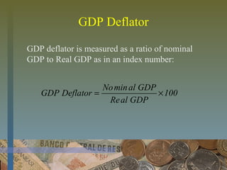 GDP Deflator
100
GDPalRe
GDPalminNo
DeflatorGDP ×=
GDP deflator is measured as a ratio of nominal
GDP to Real GDP as in an index number:
 