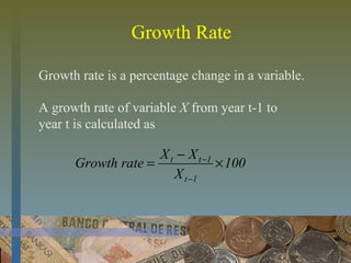 Growth Rate
Growth rate is a percentage change in a variable.
100
X
XX
rateGrowth
1t
1tt
×
−
=
−
−
A growth rate of variable X from year t-1 to
year t is calculated as
 