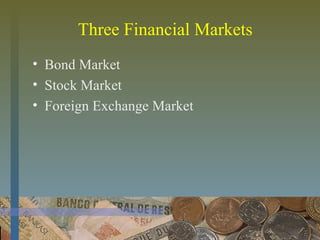 Three Financial Markets
• Bond Market
• Stock Market
• Foreign Exchange Market
 