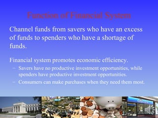Function of Financial System
Channel funds from savers who have an excess
of funds to spenders who have a shortage of
funds.
Financial system promotes economic efficiency.
– Savers have no productive investment opportunities, while
spenders have productive investment opportunities.
– Consumers can make purchases when they need them most.
 