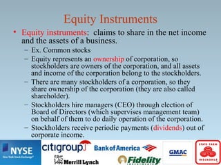 Equity Instruments
• Equity instruments: claims to share in the net income
and the assets of a business.
– Ex. Common stocks
– Equity represents an ownership of corporation, so
stockholders are owners of the corporation, and all assets
and income of the corporation belong to the stockholders.
– There are many stockholders of a corporation, so they
share ownership of the corporation (they are also called
shareholder).
– Stockholders hire managers (CEO) through election of
Board of Directors (which supervises management team)
on behalf of them to do daily operation of the corporation.
– Stockholders receive periodic payments (dividends) out of
corporate income.
 