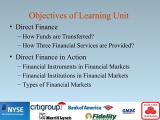 Objectives of Learning Unit
• Direct Finance
– How Funds are Transferred?
– How Three Financial Services are Provided?
• Direct Finance in Action
– Financial Instruments in Financial Markets
– Financial Institutions in Financial Markets
– Types of Financial Markets
 