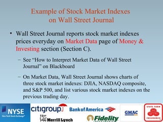Example of Stock Market Indexes
on Wall Street Journal
• Wall Street Journal reports stock market indexes
prices everyday on Market Data page of Money &
Investing section (Section C).
– See “How to Interpret Market Data of Wall Street
Journal” on Blackboard
– On Market Data, Wall Street Journal shows charts of
three stock market indexes: DJIA, NASDAQ composite,
and S&P 500, and list various stock market indexes on the
previous trading day.
 