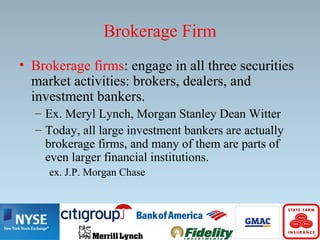 Brokerage Firm
• Brokerage firms: engage in all three securities
market activities: brokers, dealers, and
investment bankers.
– Ex. Meryl Lynch, Morgan Stanley Dean Witter
– Today, all large investment bankers are actually
brokerage firms, and many of them are parts of
even larger financial institutions.
ex. J.P. Morgan Chase
 