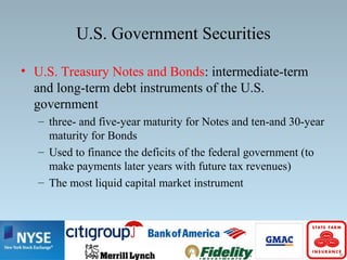 U.S. Government Securities
• U.S. Treasury Notes and Bonds: intermediate-term
and long-term debt instruments of the U.S.
government
– three- and five-year maturity for Notes and ten-and 30-year
maturity for Bonds
– Used to finance the deficits of the federal government (to
make payments later years with future tax revenues)
– The most liquid capital market instrument
 