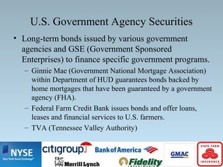 U.S. Government Agency Securities
• Long-term bonds issued by various government
agencies and GSE (Government Sponsored
Enterprises) to finance specific government programs.
– Ginnie Mae (Government National Mortgage Association)
within Department of HUD guarantees bonds backed by
home mortgages that have been guaranteed by a government
agency (FHA).
– Federal Farm Credit Bank issues bonds and offer loans,
leases and financial services to U.S. farmers.
– TVA (Tennessee Valley Authority)
 