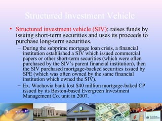 Structured Investment Vehicle
• Structured investment vehicle (SIV): raises funds by
issuing short-term securities and uses its proceeds to
purchase long-term securities.
– During the subprime mortgage loan crisis, a financial
institution established a SIV which issued commercial
papers or other short-term securities (which were often
purchased by the SIV’s parent financial institution), then
the SIV purchased mortgage-backed securities issued by
SPE (which was often owned by the same financial
institution which owned the SIV).
– Ex. Wachovia bank lost $40 million mortgage-baked CP
issued by its Boston-based Evergreen Investment
Management Co. unit in 2007.
 