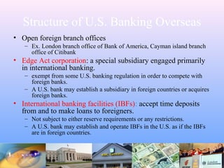 Structure of U.S. Banking Overseas
• Open foreign branch offices
– Ex. London branch office of Bank of America, Cayman island branch
office of Citibank
• Edge Act corporation: a special subsidiary engaged primarily
in international banking.
– exempt from some U.S. banking regulation in order to compete with
foreign banks.
– A U.S. bank may establish a subsidiary in foreign countries or acquires
foreign banks.
• International banking facilities (IBFs): accept time deposits
from and to make loans to foreigners.
– Not subject to either reserve requirements or any restrictions.
– A U.S. bank may establish and operate IBFs in the U.S. as if the IBFs
are in foreign countries.
 
