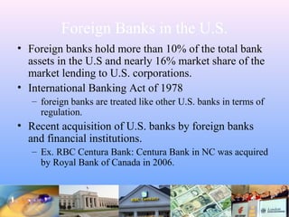 Foreign Banks in the U.S.
• Foreign banks hold more than 10% of the total bank
assets in the U.S and nearly 16% market share of the
market lending to U.S. corporations.
• International Banking Act of 1978
– foreign banks are treated like other U.S. banks in terms of
regulation.
• Recent acquisition of U.S. banks by foreign banks
and financial institutions.
– Ex. RBC Centura Bank: Centura Bank in NC was acquired
by Royal Bank of Canada in 2006.
 