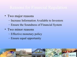 Reasons for Financial Regulation
• Two major reasons
– Increase Information Available to Investors
– Ensure the Soundness of Financial System
• Two minor reasons
– Effective monetary policy
– Ensure equal opportunity
 