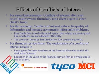 Effects of Conflicts of Interest
• For saver/lender/owners: Conflicts of interest often cost
saver/lender/owners financially (one client’s gain is other
client’s loss).
• For the economy: Conflicts of interest reduce the quality of
information and increase asymmetric information problems.
– Less funds flow into the financial system due to high uncertainty and
risk, and funds are not allocated efficiently.
– The economy becomes less productive: low economic growth.
• For financial service firms: The exploitation of a conflict of
interest results in
− Large gains for some members of the financial firm who exploit the
conflicts of interest.
− Reduction in the value of the financial service firm as a whole due to
loss of clients.
 