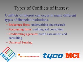 Types of Conflicts of Interest
Conflicts of interest can occur in many different
types of financial institutions.
– Brokerage firms: underwriting and research
– Accounting firms: auditing and consulting
– Credit-rating agencies: credit assessment and
consulting
– Universal banking
 