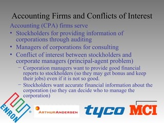 Accounting Firms and Conflicts of Interest
Accounting (CPA) firms serve
• Stockholders for providing information of
corporations through auditing
• Managers of corporations for consulting
• Conflict of interest between stockholders and
corporate managers (principal-agent problem)
− Corporation managers want to provide good financial
reports to stockholders (so they may get bonus and keep
their jobs) even if it is not so good.
− Stockholders want accurate financial information about the
corporation (so they can decide who to manage the
corporation)
 
