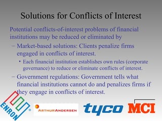 Solutions for Conflicts of Interest
Potential conflicts-of-interest problems of financial
institutions may be reduced or eliminated by
– Market-based solutions: Clients penalize firms
engaged in conflicts of interest.
• Each financial institution establishes own rules (corporate
governance) to reduce or eliminate conflicts of interest.
– Government regulations: Government tells what
financial institutions cannot do and penalizes firms if
they engage in conflicts of interest.
 