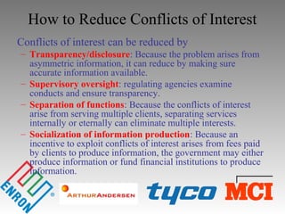 How to Reduce Conflicts of Interest
Conflicts of interest can be reduced by
– Transparency/disclosure: Because the problem arises from
asymmetric information, it can reduce by making sure
accurate information available.
– Supervisory oversight: regulating agencies examine
conducts and ensure transparency.
– Separation of functions: Because the conflicts of interest
arise from serving multiple clients, separating services
internally or eternally can eliminate multiple interests.
– Socialization of information production: Because an
incentive to exploit conflicts of interest arises from fees paid
by clients to produce information, the government may either
produce information or fund financial institutions to produce
information.
 