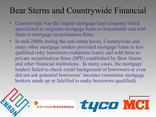 Bear Sterns and Countrywide Financial
• Countrywide was the largest mortgage loan company which
specialized to originate mortgage loans to households and sold
them to mortgage securitization firms.
• In mid-2000s during the real estate boom, Countrywide and
many other mortgage lenders provided mortgage loans to less
qualified risky borrowers (subprime loans) and sold them to
private securitization firms (SPE) established by Bear Sterns
and other financial institutions. In many cases, the mortgage
lenders failed to check credit background of borrowers or even
did not ask potential borrowers’ incomes (sometime mortgage
brokers made up or falsified to make borrowers qualified).
 