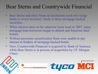 Bear Sterns and Countrywide Financial
• Bear Sterns and other financial institutions used own hedge
funds to invest investors’ funds in those mortgage-backed
securities.
• When interest rates on the subprime loans reset in 2007, many
mortgage loan borrowers began to default and foreclose their
homes.
• Without payments securitization firms were unable to pay
interest to holders of mortgage-backed bonds.
• Now, Countrywide Financial is acquired by Bank of America,
while Bear Sterns is in process of acquisition by J.P. Morgan
Chase.
 