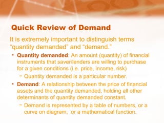 Quick Review of Demand
It is extremely important to distinguish terms
“quantity demanded” and “demand.”
• Quantity demanded: An amount (quantity) of financial
instruments that saver/lenders are willing to purchase
for a given conditions (i.e. price, income, risk)
− Quantity demanded is a particular number.
• Demand: A relationship between the price of financial
assets and the quantity demanded, holding all other
determinants of quantity demanded constant.
− Demand is represented by a table of numbers, or a
curve on diagram, or a mathematical function.
 