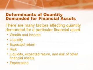 Determinants of Quantity
Demanded for Financial Assets
There are many factors affecting quantity
demanded for a particular financial asset.
• Wealth and income
• Liquidity
• Expected return
• Risk
• Liquidity, expected return, and risk of other
financial assets
• Expectation
 