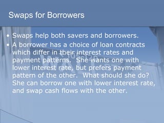 Swaps for Borrowers
• Swaps help both savers and borrowers.
• A borrower has a choice of loan contracts
which differ in their interest rates and
payment patterns. She wants one with
lower interest rate, but prefers payment
pattern of the other. What should she do?
She can borrow one with lower interest rate,
and swap cash flows with the other.
 