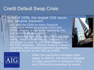Credit Default Swap Crisis
• In fall of 2008, the largest CDS issuer,
AIG, became insolvent.
̶ AIG sold the CDSs to many financial
institutions which purchased CDOs and
CMOs, directly or indirectly backed by the
sub-prime mortgage loans.
̶ AIG, believing that CDOs and CMOs are AAA-
rating, failed to hold enough Treasury
securities to meet its potential obligation on
the CDS contracts. Without holding Treasury
securities, AIG pocketed premium payments
from the buyers of the CDS as profits.
̶ When the sub-prime mortgage loans
began to default, AIG became obligated
to make payments of defaulted CDOs
and CMOs which exceeded its assets.
 
