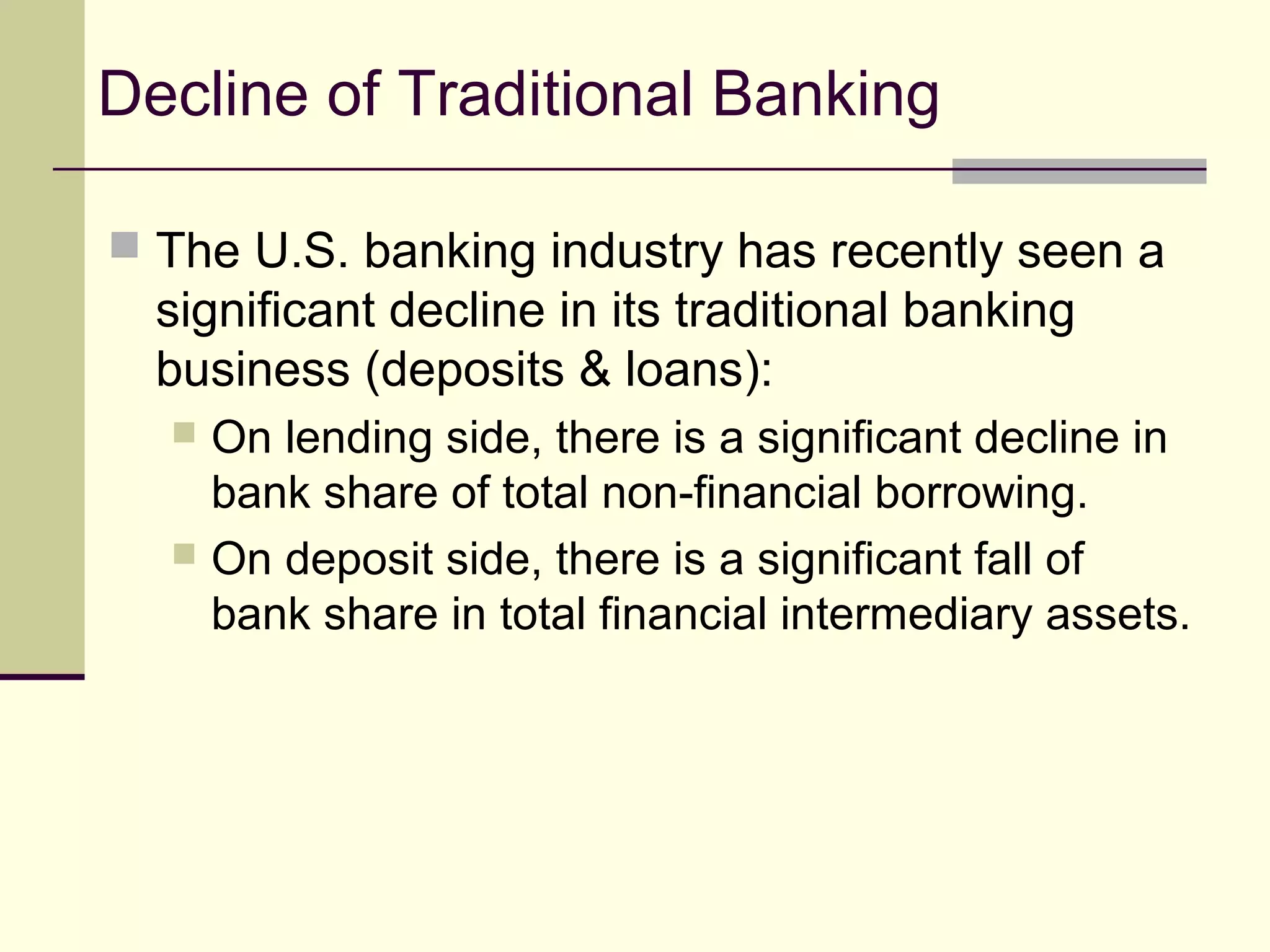 Decline of Traditional Banking
 The U.S. banking industry has recently seen a
significant decline in its traditional banking
business (deposits & loans):
 On lending side, there is a significant decline in
bank share of total non-financial borrowing.
 On deposit side, there is a significant fall of
bank share in total financial intermediary assets.
 