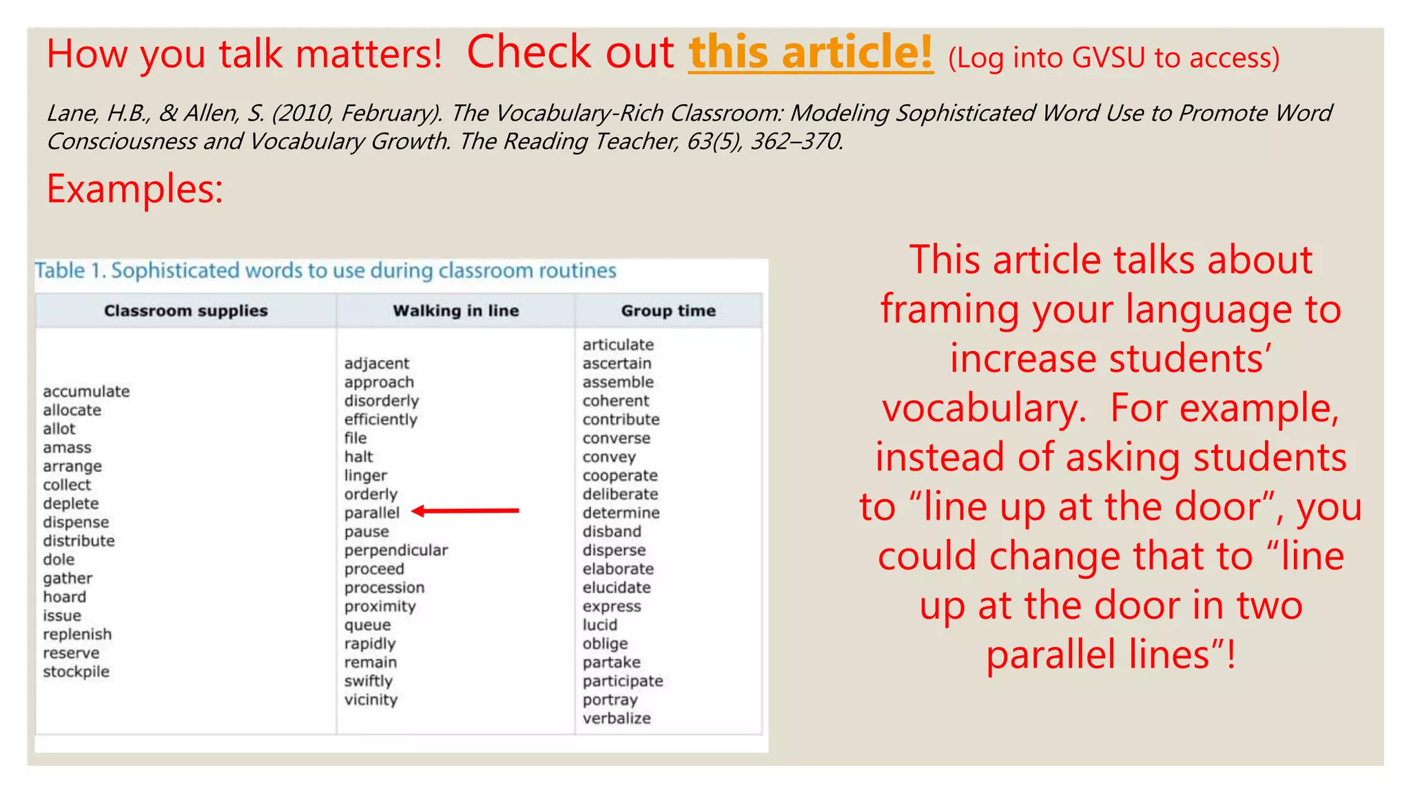How you talk matters! Check out this article! (Log into GVSU to access)
Lane, H.B., & Allen, S. (2010, February). The Vocabulary-Rich Classroom: Modeling Sophisticated Word Use to Promote Word
Consciousness and Vocabulary Growth. The Reading Teacher, 63(5), 362–370.
Examples:
This article talks about
framing your language to
increase students’
vocabulary. For example,
instead of asking students
to “line up at the door”, you
could change that to “line
up at the door in two
parallel lines”!
 