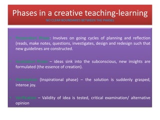 Phases in a creative teaching-learning
NO CLEAR BOUNDARIES BETWEEN THE PHASES
• Preparation Phase: Involves on going cycles of planning and reflection
(reads, make notes, questions, investigates, design and redesign such that
new guidelines are constructed.
• Incubation Phase – ideas sink into the subconscious, new insights are
formulated (the essence of creation).
• Illumination (Inspirational phase) – the solution is suddenly grasped,
intense joy.
• Verification – Validity of idea is tested, critical examination/ alternative
opinion
 