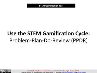 Use	the	STEM	Gamiﬁca,on	Cycle:	
Problem-Plan-Do-Review	(PPDR)		
World’s	First	So>ware	for	Ideal	Community	Problem	Solving	&	Design	(CPSD)	
“Radically	Improve	the	Performance	of	Every	Organiza=on.”	Dr.	Rod	King.	rodkuhnhking@gmail.com	&	@rodKuhnKing	
STEM	Gamiﬁca,on	Tool	
 