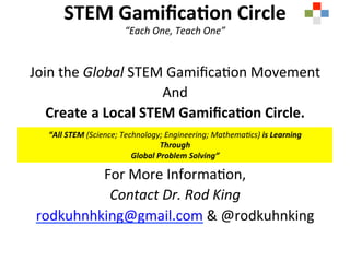 Join	the	Global	STEM	Gamiﬁca@on	Movement	
And	
Create	a	Local	STEM	Gamiﬁca,on	Circle.	
	
	
For	More	Informa@on,	
Contact	Dr.	Rod	King	
rodkuhnhking@gmail.com	&	@rodkuhnking		
STEM	Gamiﬁca,on	Circle	
“Each	One,	Teach	One”	
“All	STEM	(Science;	Technology;	Engineering;	Mathema=cs)	is	Learning		
Through		
Global	Problem	Solving”	
 