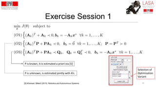 Exercise Session 1
30
Selection of
Optimization
Variant
P is unknown, is estimated jointly with A’s.
P is known, it is estimated a priori via [5]
[5] Khansari, Billard (2015) Robotics and Autonomous Systems
 