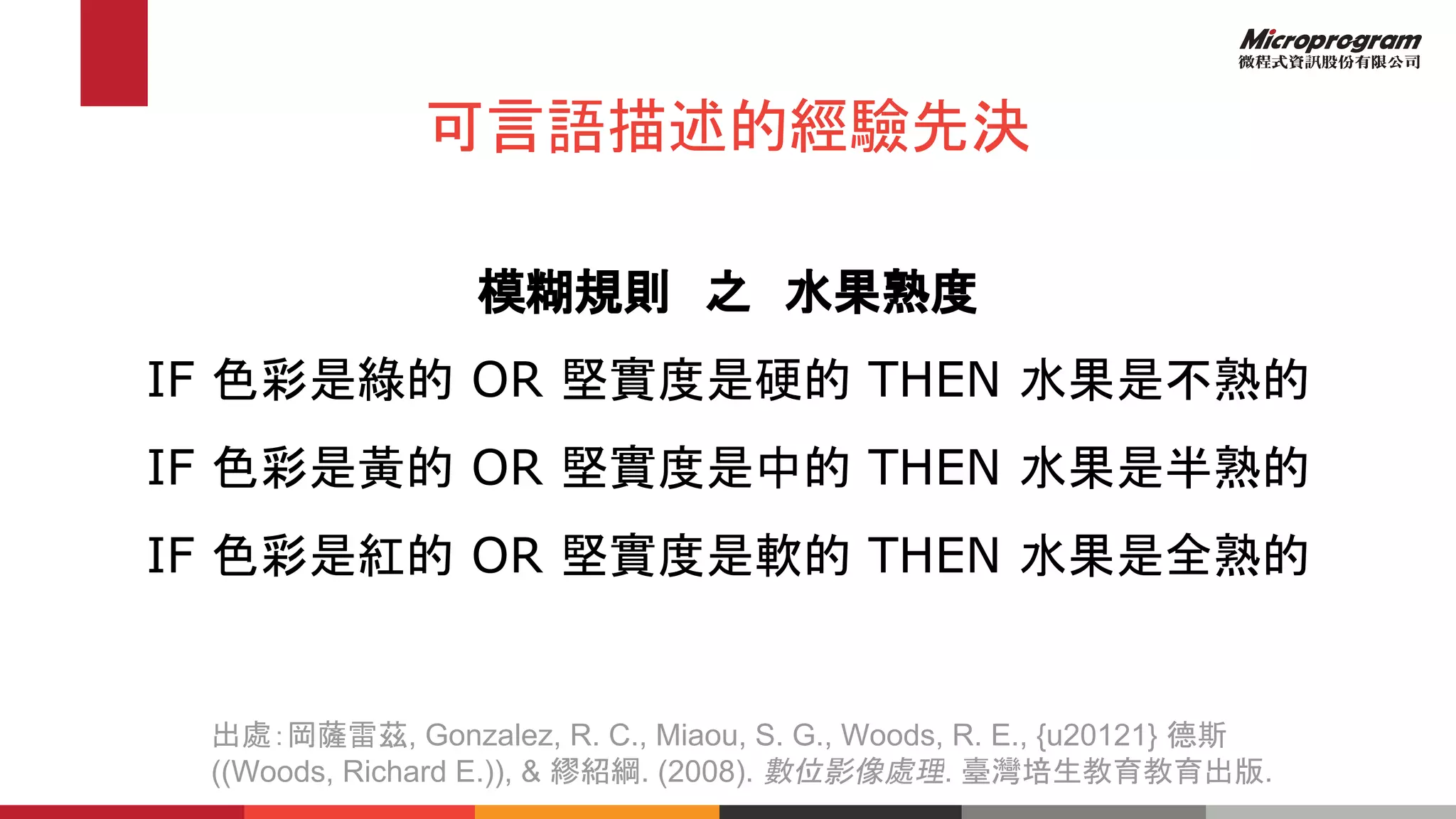 可言語描述的經驗先決
模糊規則　之　水果熟度
IF 色彩是綠的 OR 堅實度是硬的 THEN 水果是不熟的
IF 色彩是黃的 OR 堅實度是中的 THEN 水果是半熟的
IF 色彩是紅的 OR 堅實度是軟的 THEN 水果是全熟的
出處：岡薩雷茲, Gonzalez, R. C., Miaou, S. G., Woods, R. E., {u20121} 德斯
((Woods, Richard E.)), & 繆紹綱. (2008). 數位影像處理. 臺灣培生教育教育出版.
 