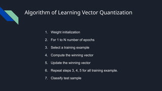 Algorithm of Learning Vector Quantization
1. Weight initialization
2. For 1 to N number of epochs
3. Select a training example
4. Compute the winning vector
5. Update the winning vector
6. Repeat steps 3, 4, 5 for all training example.
7. Classify test sample
 