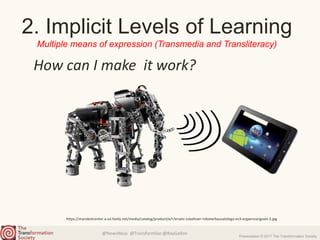 @NewsNeus @TransformSoc @RayGallon
Presentation © 2017 The Transformation Society
2. Implicit Levels of Learning
Multiple means of expression (Transmedia and Transliteracy)
https://myrobotcenter.a.ssl.fastly.net/media/catalog/product/e/r/ersatz-zubehoer-roboterbausatzlego-ev3-ergaenzungsset-2.jpg
How can I make it work?
 